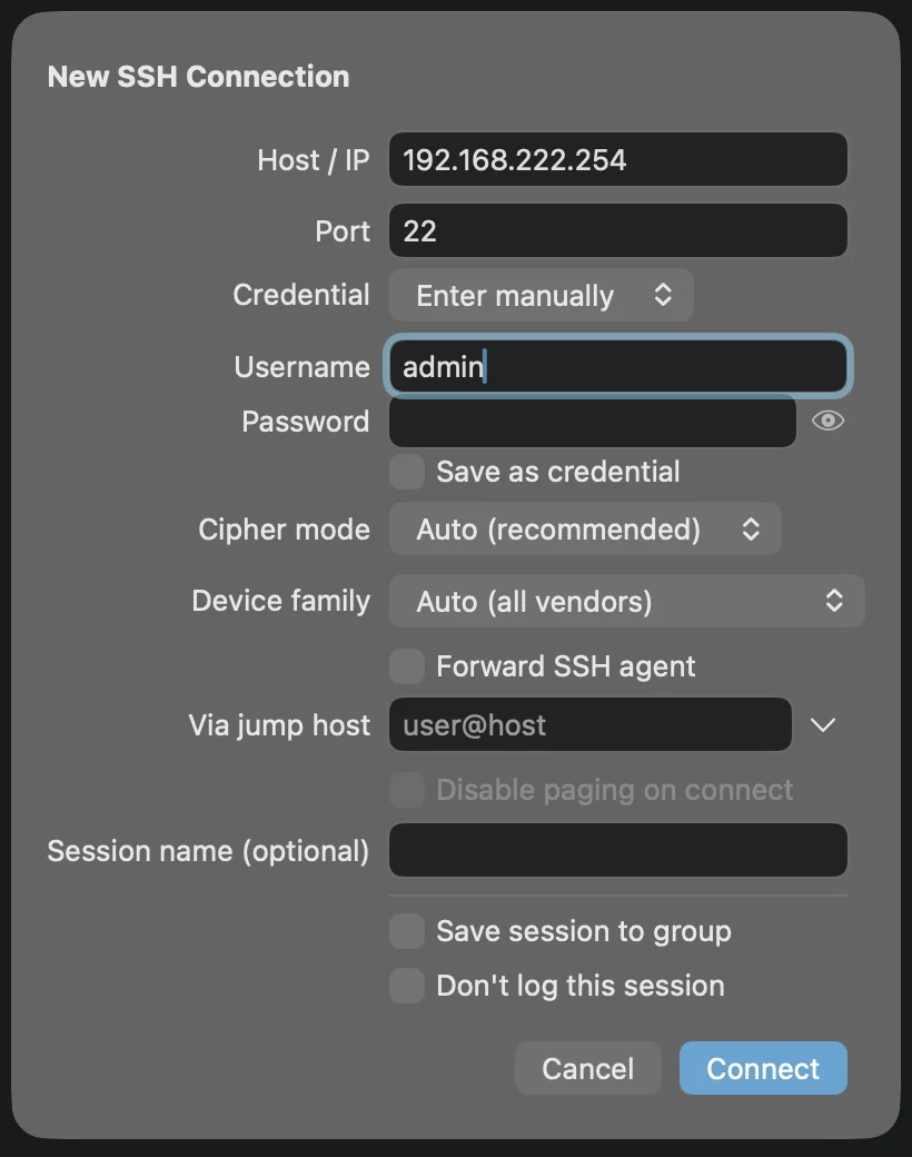 New SSH Connection sheet filled in with an address and username