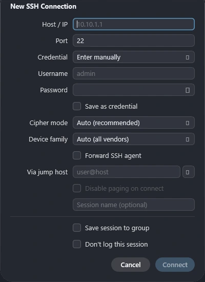 The New SSH Connection sheet on Windows with the Don't log this session checkbox