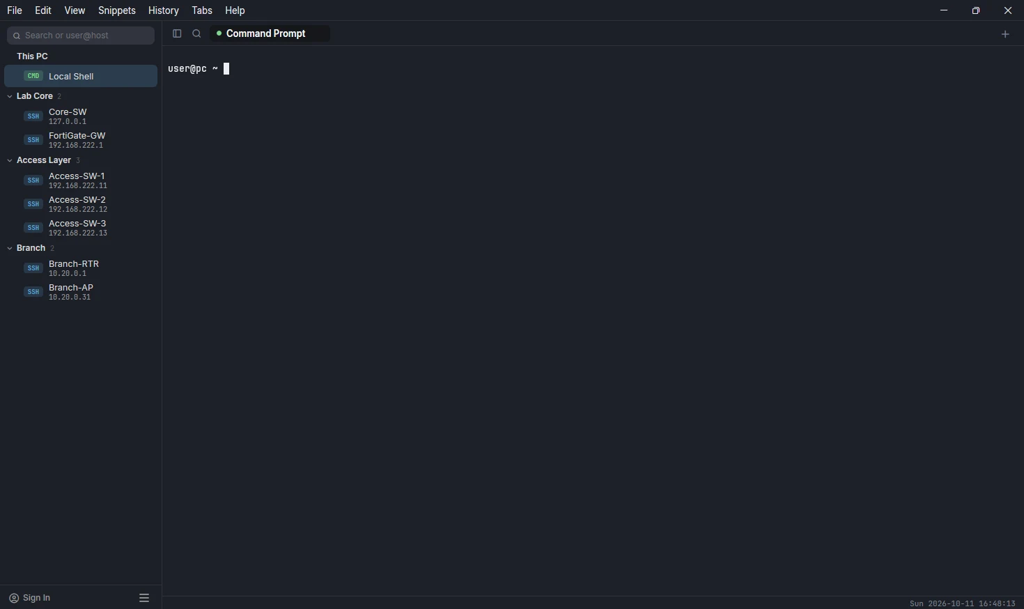 Sidebar with Lab Core, Access Layer and Branch groups of SSH hosts, on Windows